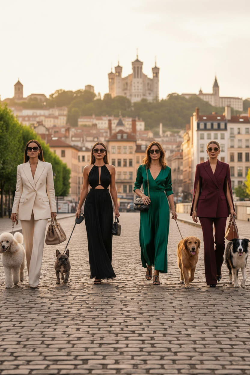 je veux une photo de plusieurs femmes très chic qui promenent leurs chiens dans paris